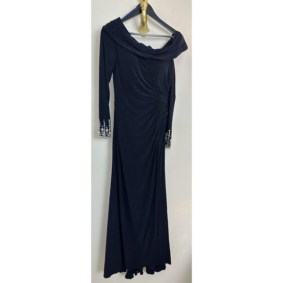 MAC DUGGAL One-Shoulder Long Sleeve Jersey Gown in Midnight Size US 8 - Picture 5 of 14